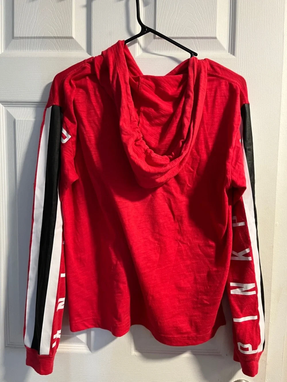 PINK Victoria's Secret Red Hooded Pullover with Black & White Sleeve Stripes - Picture 3 of 3